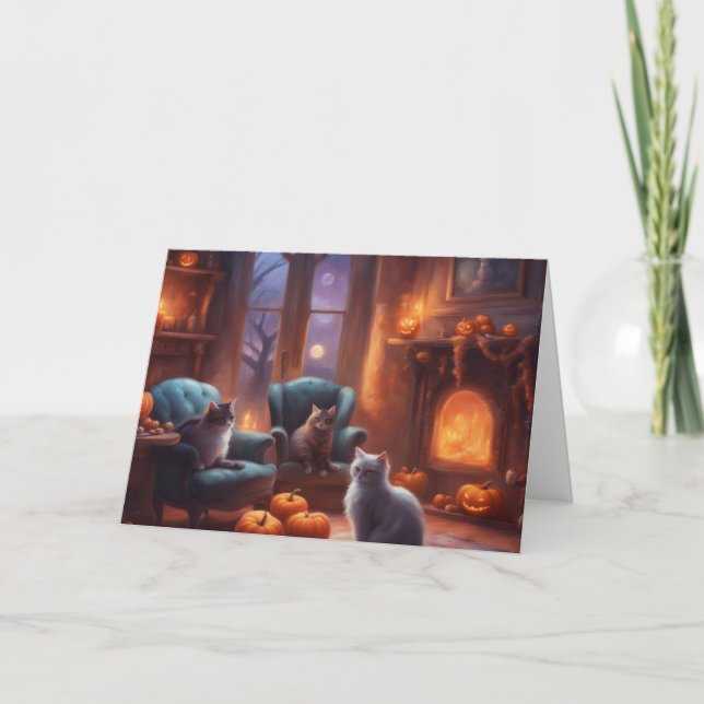 Cat pondering on Halloween in a cozy living room Kort (Framsida)