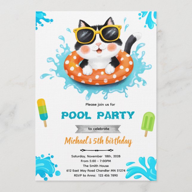 Cat pool party invitation inbjudningar (Framsida)