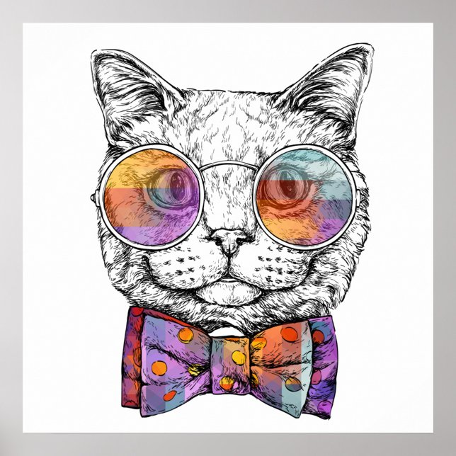 Cat Porträtt Poster (A detailed black and white sketch of a cat's face, adorned with round, colorful glasses.)