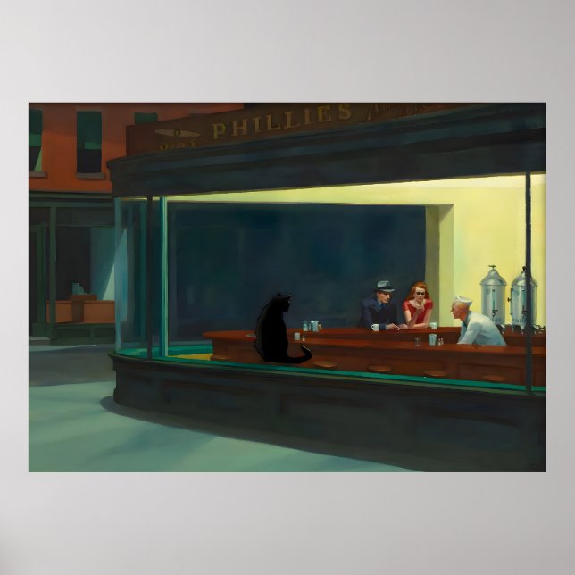 Cat Poster Berömd Painting Hopper Nighthawks (Framsidan)
