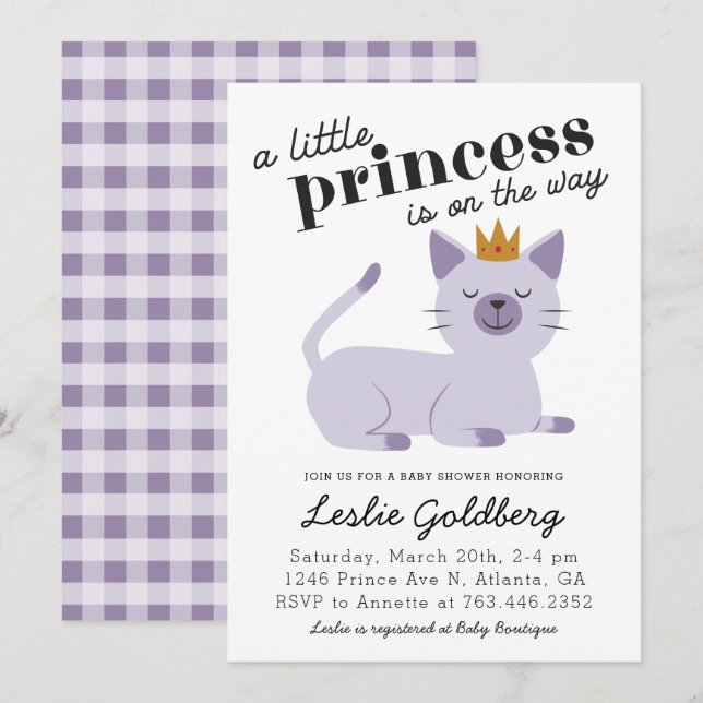 Cat Princess Baby Shower Lila Inbjudningar (Fram/baksida)