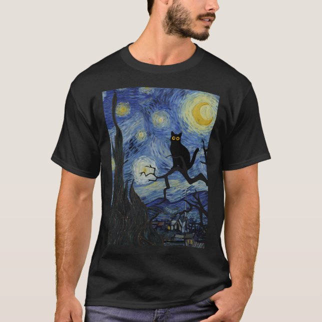 Cat Print Starry Night Vincent Van Gogh Black Cat T Shirt (Framsida)