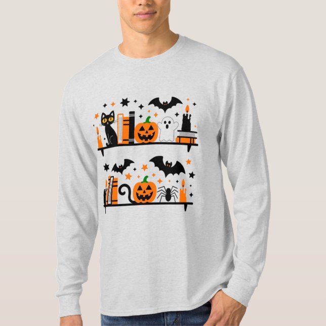 Cat Pumpkin Fladdermus Spider Halloween Bok Candle T Shirt (Framsida)