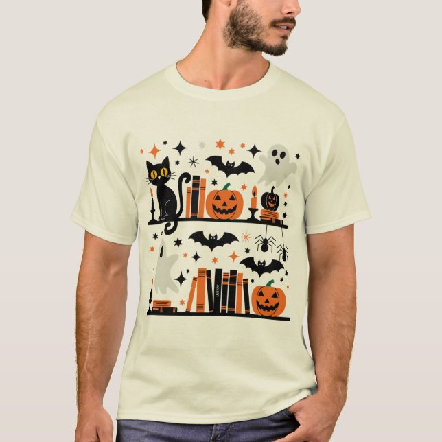 Cat Pumpkin Fladdermus Spider Halloween Bok Candle T Shirt (Framsida)