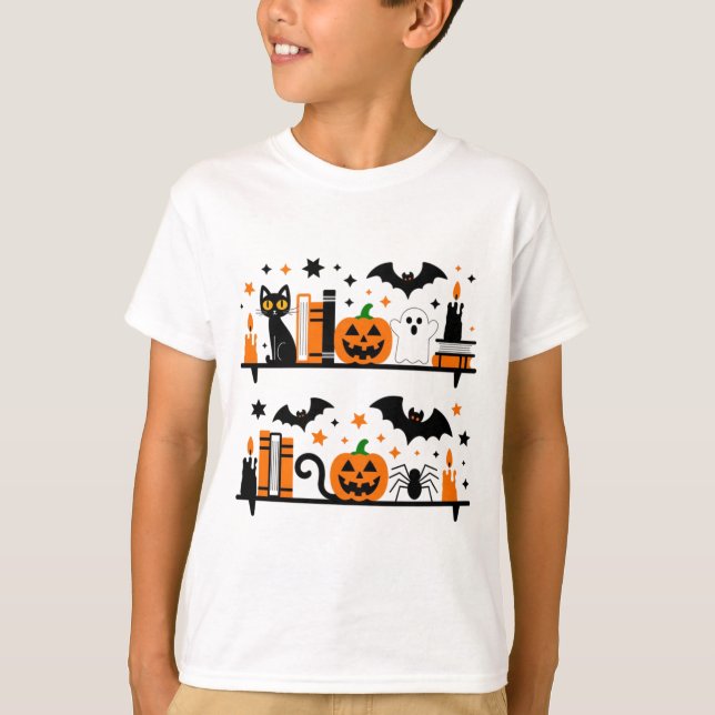 Cat Pumpkin Fladdermus Spider Halloween Bok Candle T Shirt (Framsida)