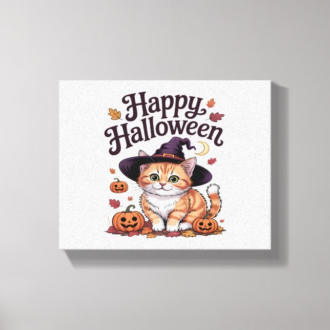Cat Pumpkin Happy halloween Canvastryck (Framsida)