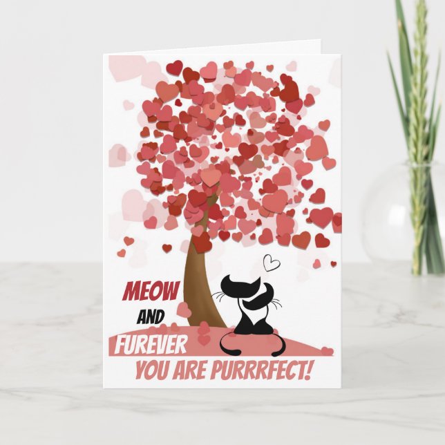 Cat pun Valentines silhuette-hjärta träd Helgkort (Framsida)