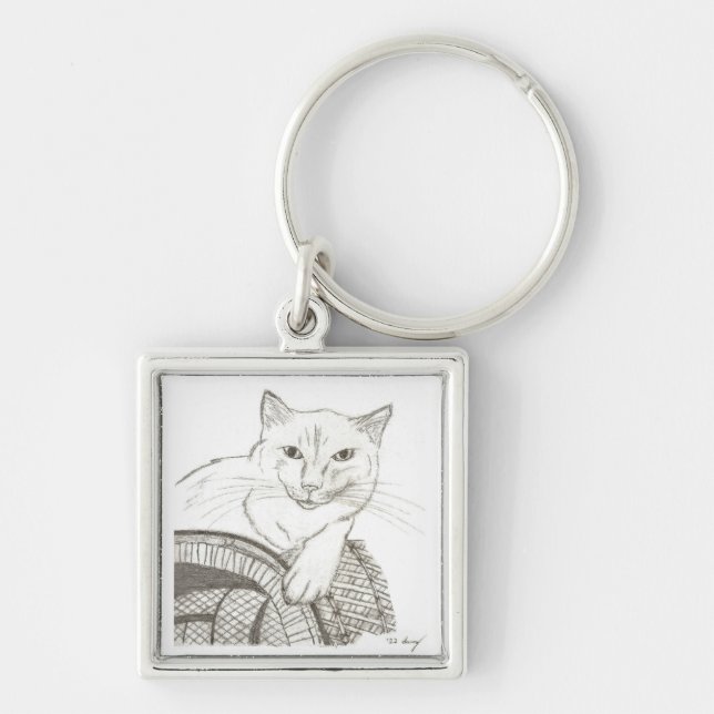 Cat Ragdoll Porträtt Keychain Fyrkantig Silverfärgad Nyckelring (Framsidan)