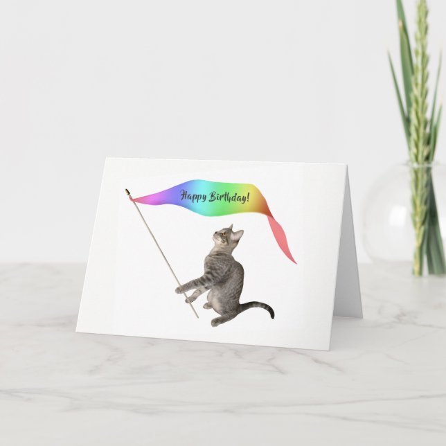Cat Rainbow Banner Birthday Card Kort (Framsida)