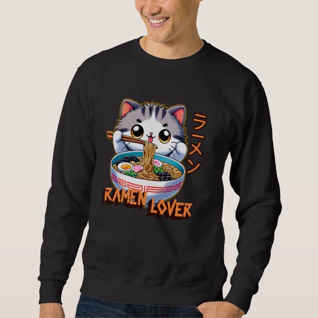 Cat Ramen Älskare japansk Noodles Funny Lång Ärmad Tröja (Framsida)