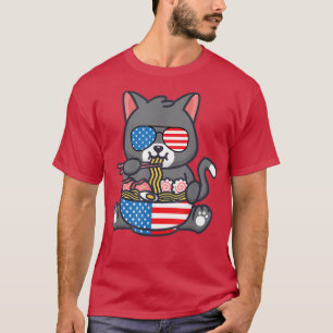 Cat Ramen American Anime Flagga 4:e juli Funny Pa T Shirt