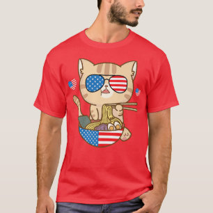 Cat Ramen American Anime Flagga 4:e juli Funny Pa T Shirt