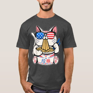 Cat Ramen Anime American Flagga USA 4:e juli Eat T Shirt