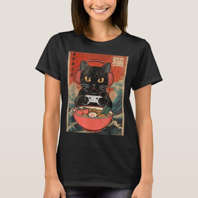 Cat Ramen Japanese Funny Graphic Kawaii Anime  T Shirt (Framsida)