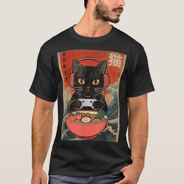 Cat Ramen Japanese Funny Graphic Kawaii Anime  T Shirt (Framsida)