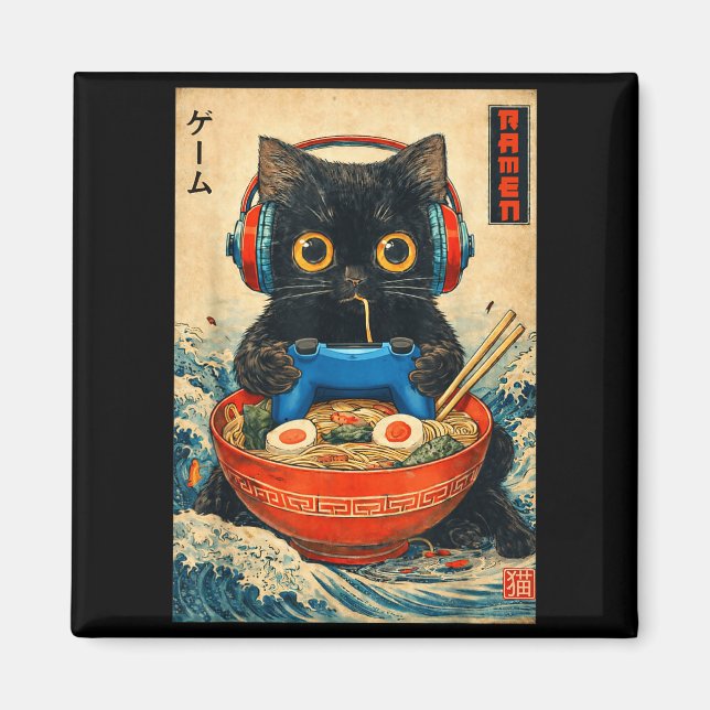 Cat Ramen Japanese Funny Graphic Tees Kawaii Cat A Magnet (Framsidan)