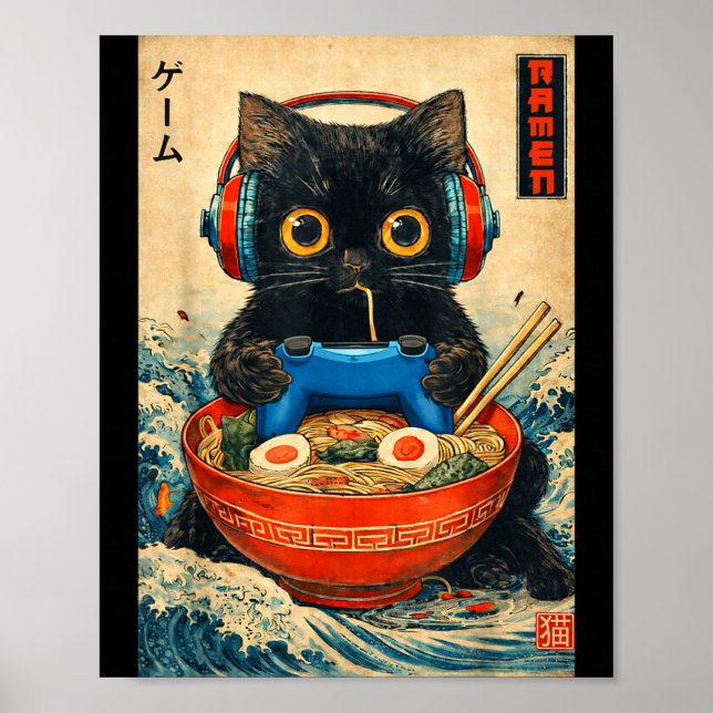 Cat Ramen Japanese Funny Graphic Tees Kawaii Cat A Poster (Framsidan)