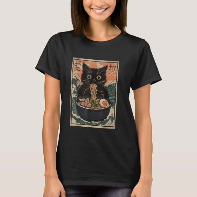 Cat Ramen Japansk Art Underbar Wave Kanagawa Funny T Shirt (Framsida)