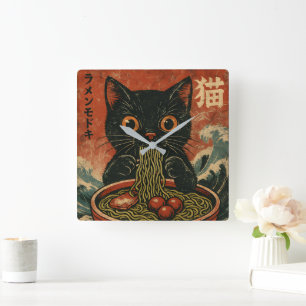 Cat Ramen Japansk Funny Graphic Kawaii Cat Anime Fyrkantig Klocka