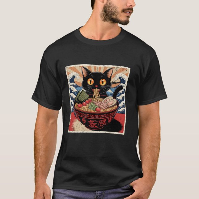 Cat Ramen Japansk Funny Graphic Tees Kawaii Cat A T Shirt (Framsida)