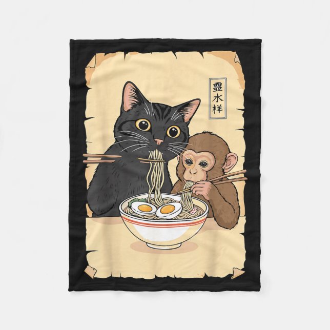 Cat Ramen Monkey Shirt Funny Cat Monkey Eating Ram Fleecefilt (Framsidan)