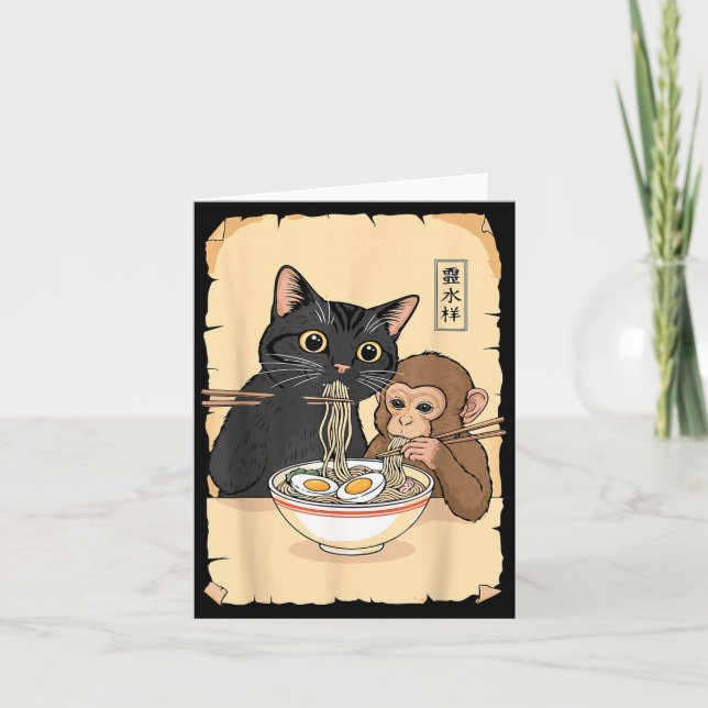 Cat Ramen Monkey Shirt Funny Cat Monkey Eating Ram Kort (Framsida)