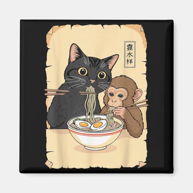 Cat Ramen Monkey Shirt Funny Cat Monkey Eating Ram Magnet (Framsidan)
