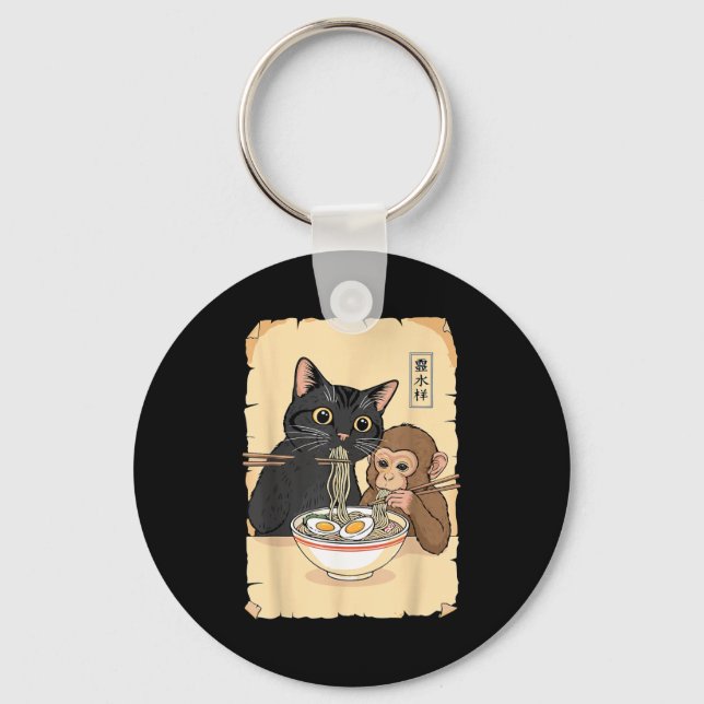 Cat Ramen Monkey Shirt Funny Cat Monkey Eating Ram Nyckelring (Framsida)