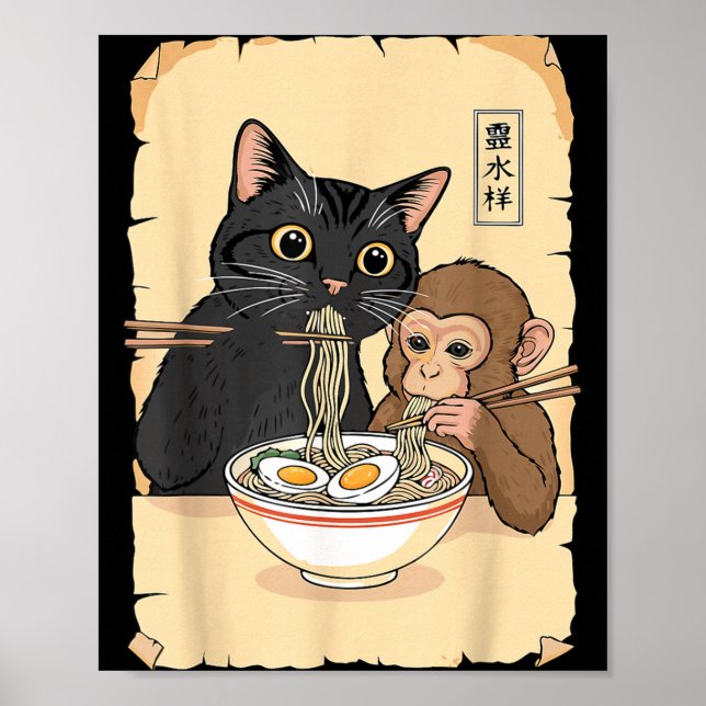 Cat Ramen Monkey Shirt Funny Cat Monkey Eating Ram Poster (Framsidan)