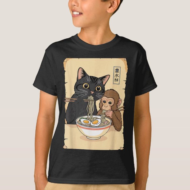 Cat Ramen Monkey Shirt Funny Cat Monkey Eating Ram T Shirt (Framsida)