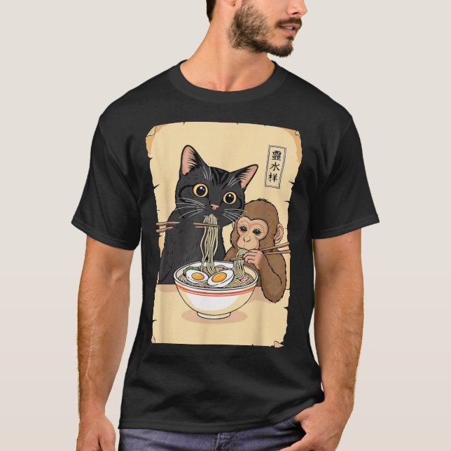 Cat Ramen Monkey Shirt Funny Cat Monkey Eating Ram T Shirt (Framsida)