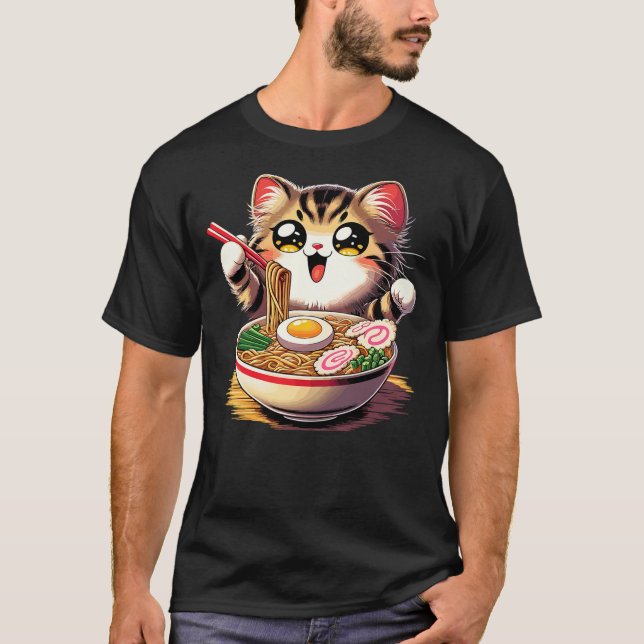 Cat Ramen Noodles Anime Kawaii Japanese Cat (2) T Shirt (Framsida)
