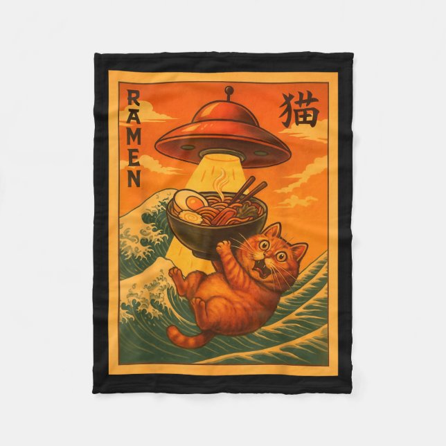 Cat Ramen Ufo Funny Japanese Anime Men Women Teens Fleecefilt (Framsidan)