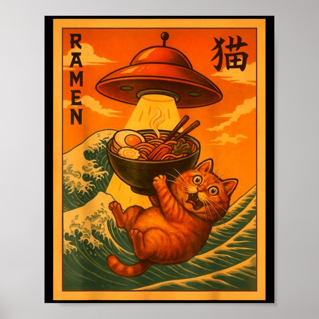 Cat Ramen Ufo Funny Japanese Anime Men Women Teens Poster (Framsidan)