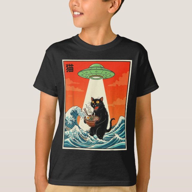 Cat Ramen Ufo Funny Japanese Anime Tee Men Women T (Framsida)