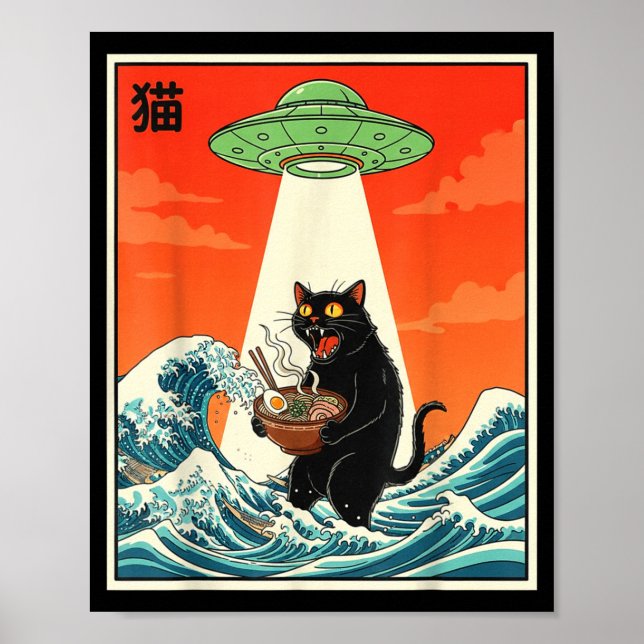 Cat Ramen Ufo Funny Japanese Anime Tee Men Women T Poster (Framsidan)
