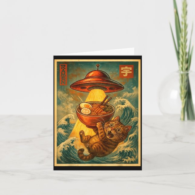 Cat Ramen Ufo Funny Men Women Teens Kids Japanese  Kort (Framsida)