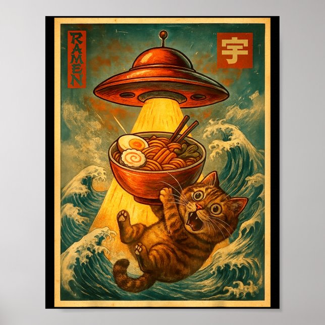 Cat Ramen Ufo Funny Men Women Teens Kids Japanese  Poster (Framsidan)