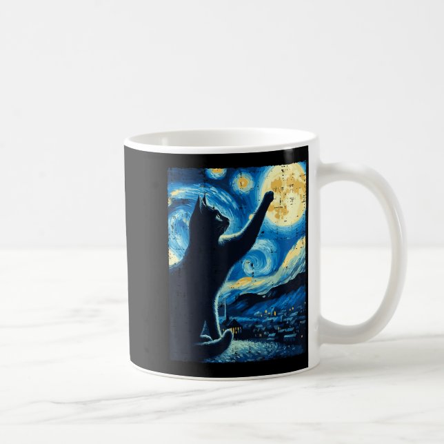 Cat Reaching Moon Starry Night Funny Kitten Men Wo Kaffemugg (Höger)