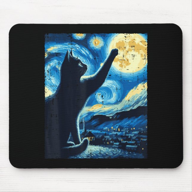 Cat Reaching Moon Starry Night Funny Kitten Men Wo Musmatta (Framsidan)