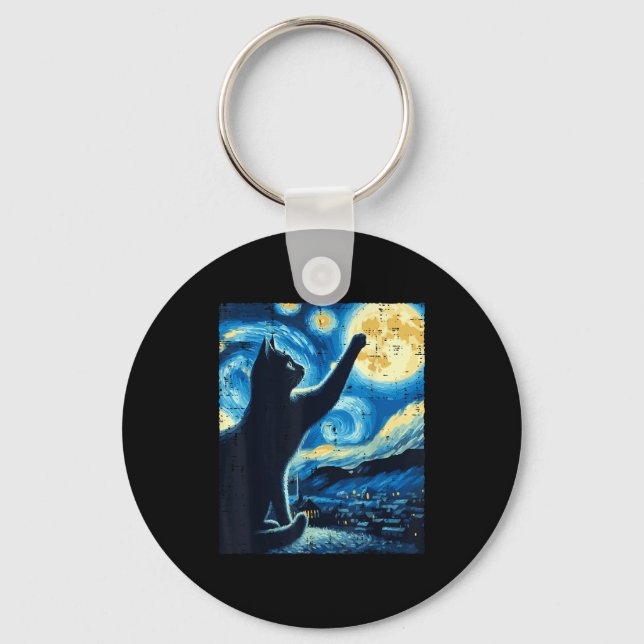 Cat Reaching Moon Starry Night Funny Kitten Men Wo Nyckelring (Framsida)