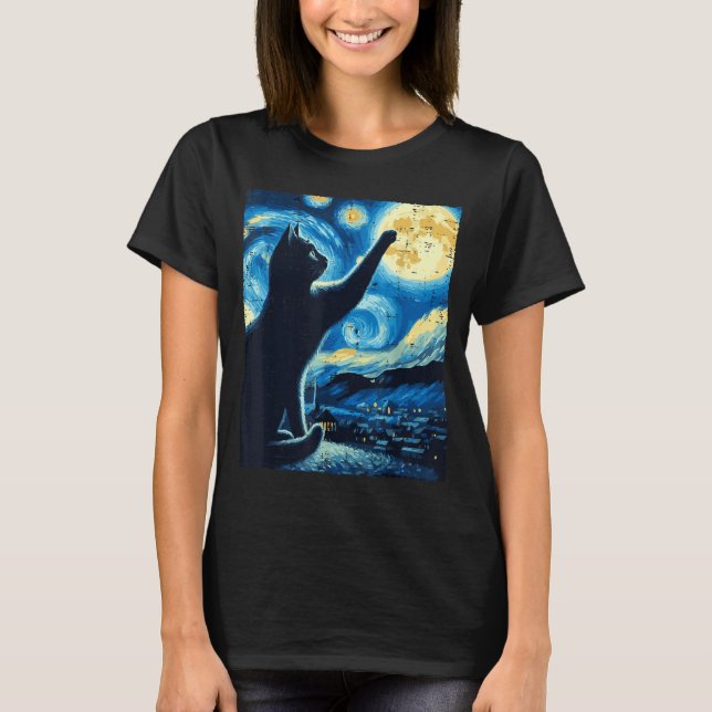 Cat Reaching Moon Starry Night Funny Kitten Men Wo T Shirt (Framsida)