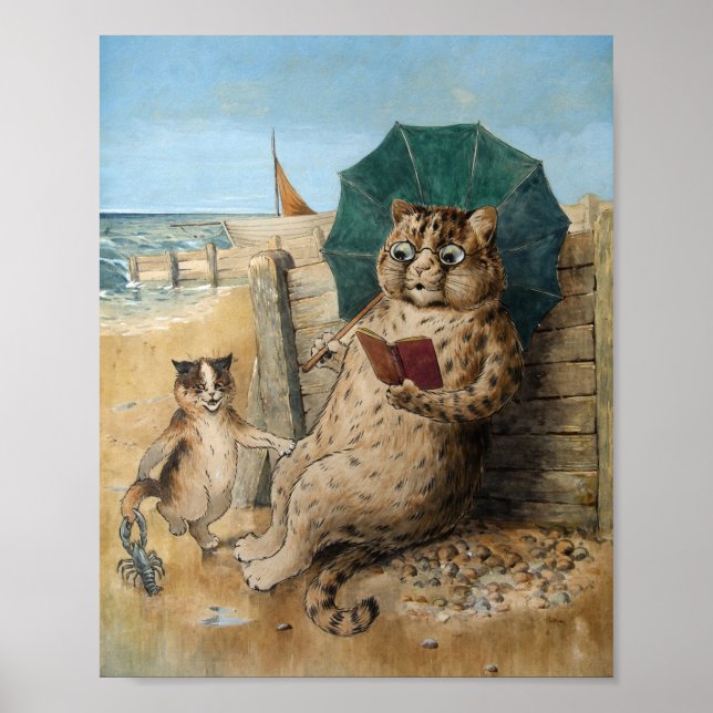 Cat Reading a Bok av Louis Wain Poster (Framsidan)