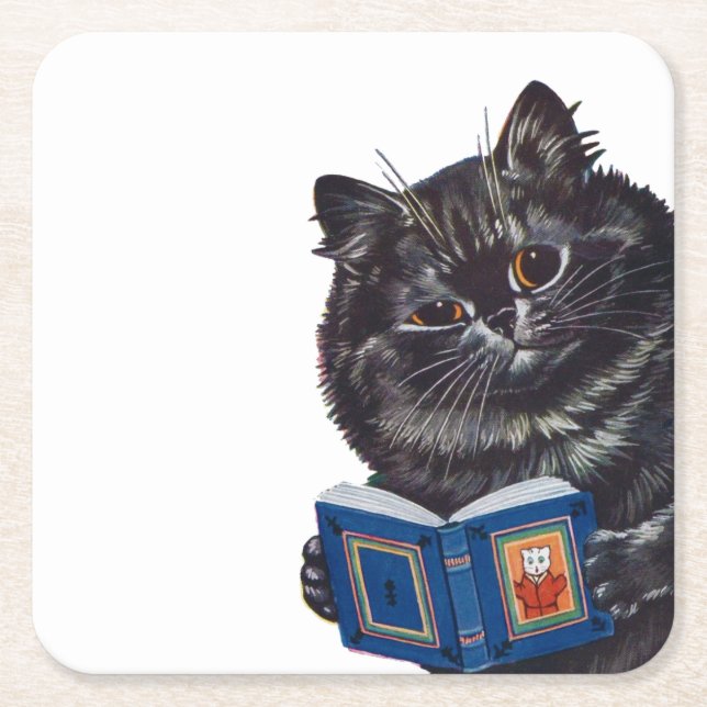 Cat Reading a Bok, Louis Wain Underlägg Papper Kvadrat (Framsidan)