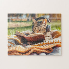 Cat reading book on knitted blanket pussel