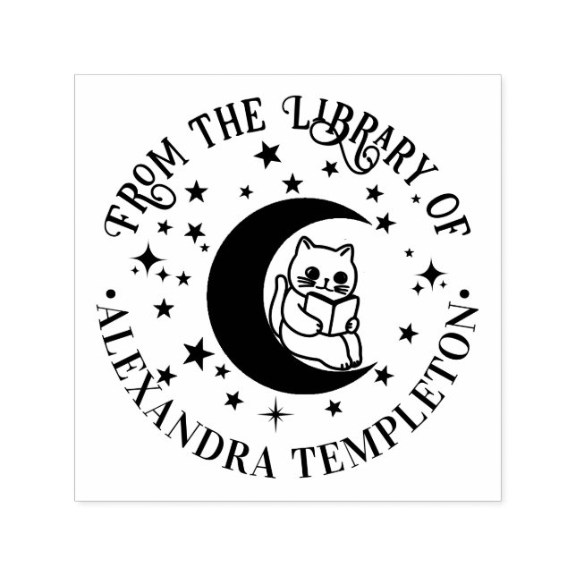 Cat Reading, Crescent Måne Stars Bibliotek Bok Nam Självfärgande Stämpel (Design)