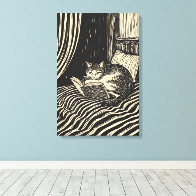 cat reading in bed canvastryck (Insitu (trägolv))