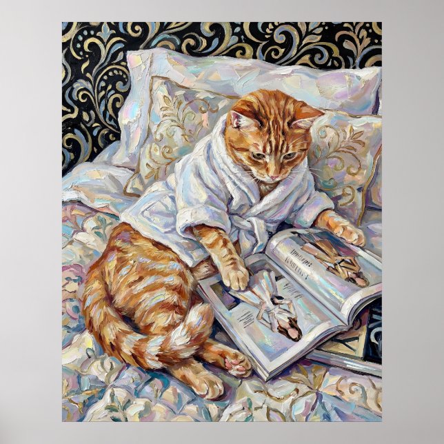 Cat Reading In Bed Cute Wall Art Poster Print (Framsidan)