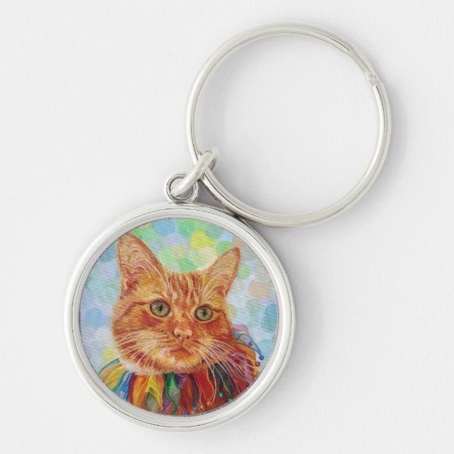Cat Red Ginger Keychain Oljemålning Design Rund Silverfärgad Nyckelring (Framsidan)