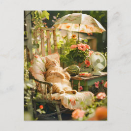 Cat Relaxing in Deck Chair Under Sun Umbrella Vykort